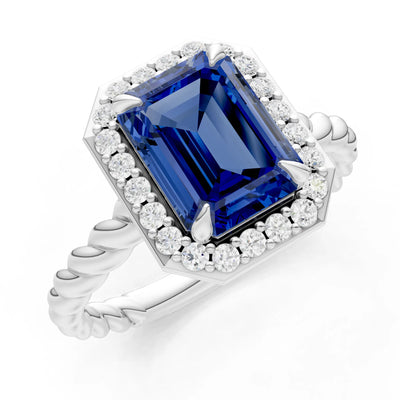 Twisted Vine Emerald Cut Solitaire Halo Ring