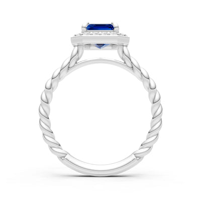 Blue Sapphire Twisted Vine Emerald Cut Solitaire Halo Ring