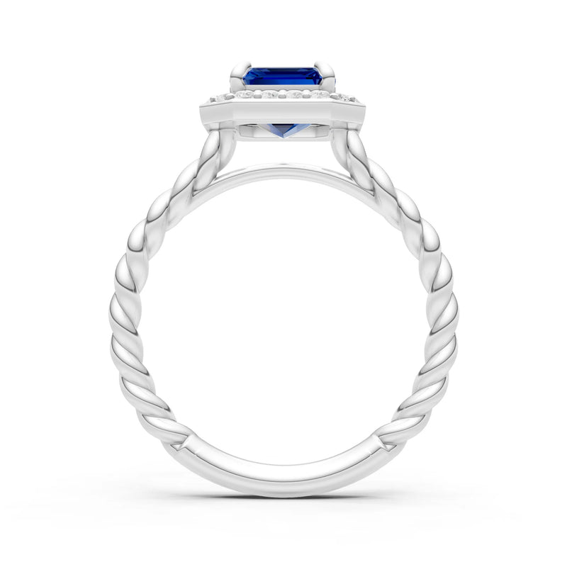 Blue Sapphire Twisted Vine Emerald Cut Solitaire Halo Ring