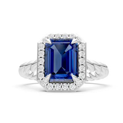 Blue Sapphire Twisted Vine Emerald Cut Solitaire Halo Ring