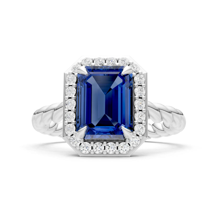 Blue Sapphire Twisted Vine Emerald Cut Solitaire Halo Ring