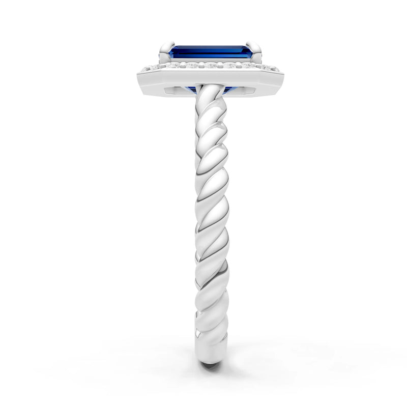 Blue Sapphire Twisted Vine Emerald Cut Solitaire Halo Ring