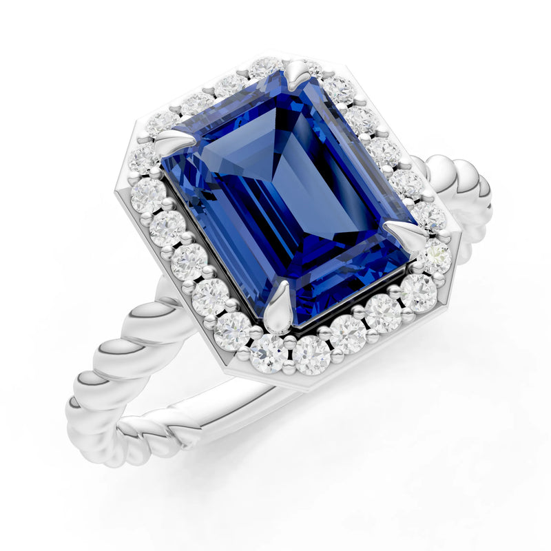Blue Sapphire Twisted Vine Emerald Cut Solitaire Halo Ring