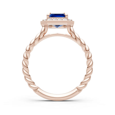 Blue Sapphire Twisted Vine Emerald Cut Solitaire Halo Ring