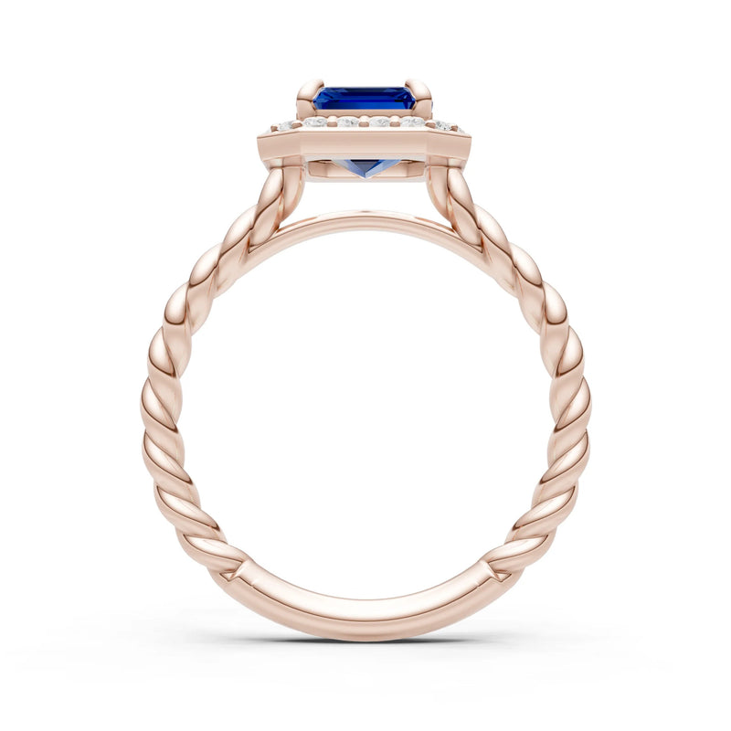 Blue Sapphire Twisted Vine Emerald Cut Solitaire Halo Ring