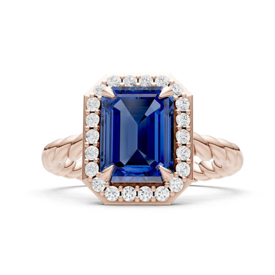 Blue Sapphire Twisted Vine Emerald Cut Solitaire Halo Ring