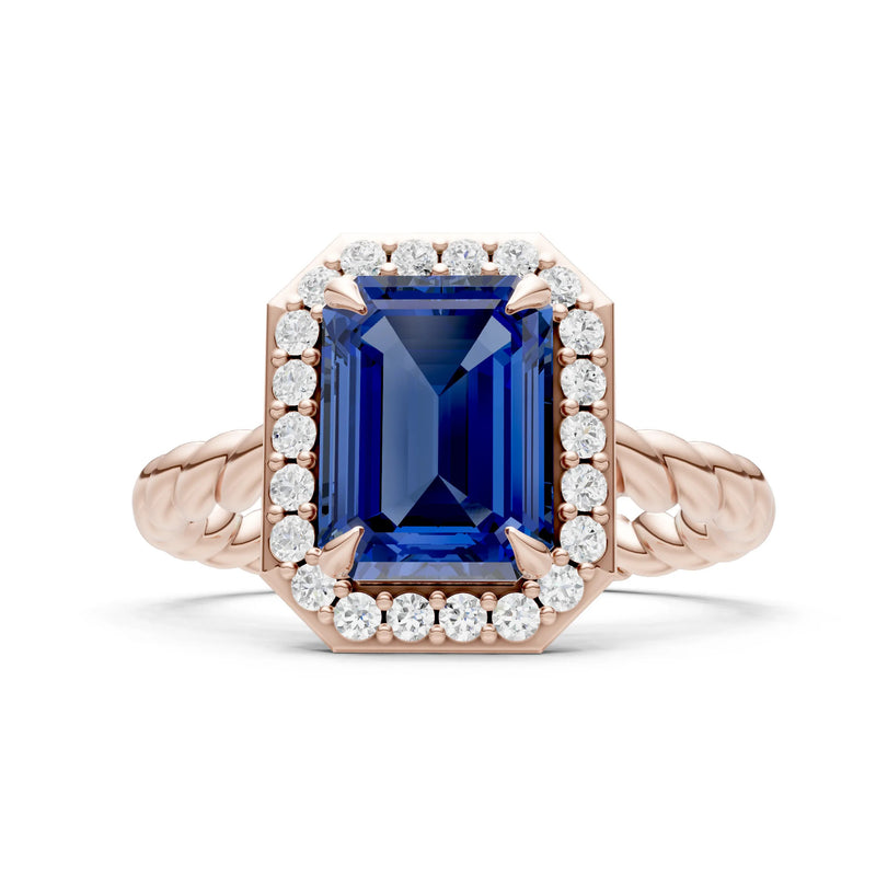 Blue Sapphire Twisted Vine Emerald Cut Solitaire Halo Ring