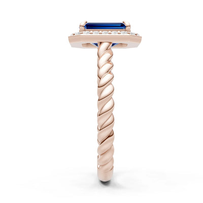 Blue Sapphire Twisted Vine Emerald Cut Solitaire Halo Ring