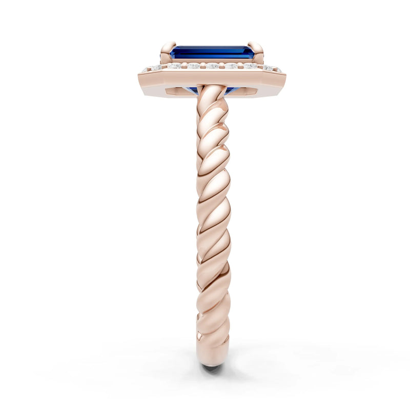 Blue Sapphire Twisted Vine Emerald Cut Solitaire Halo Ring