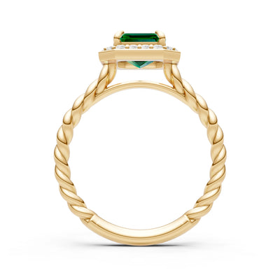 Emerald Twisted Vine Emerald Cut Solitaire Halo Ring