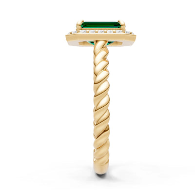 Emerald Twisted Vine Emerald Cut Solitaire Halo Ring