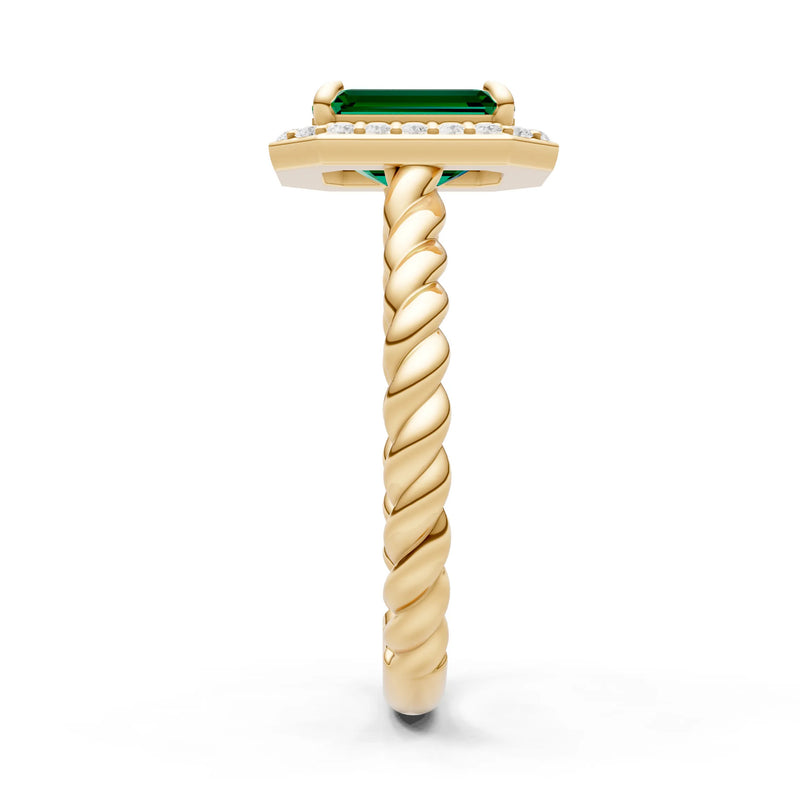 Emerald Twisted Vine Emerald Cut Solitaire Halo Ring