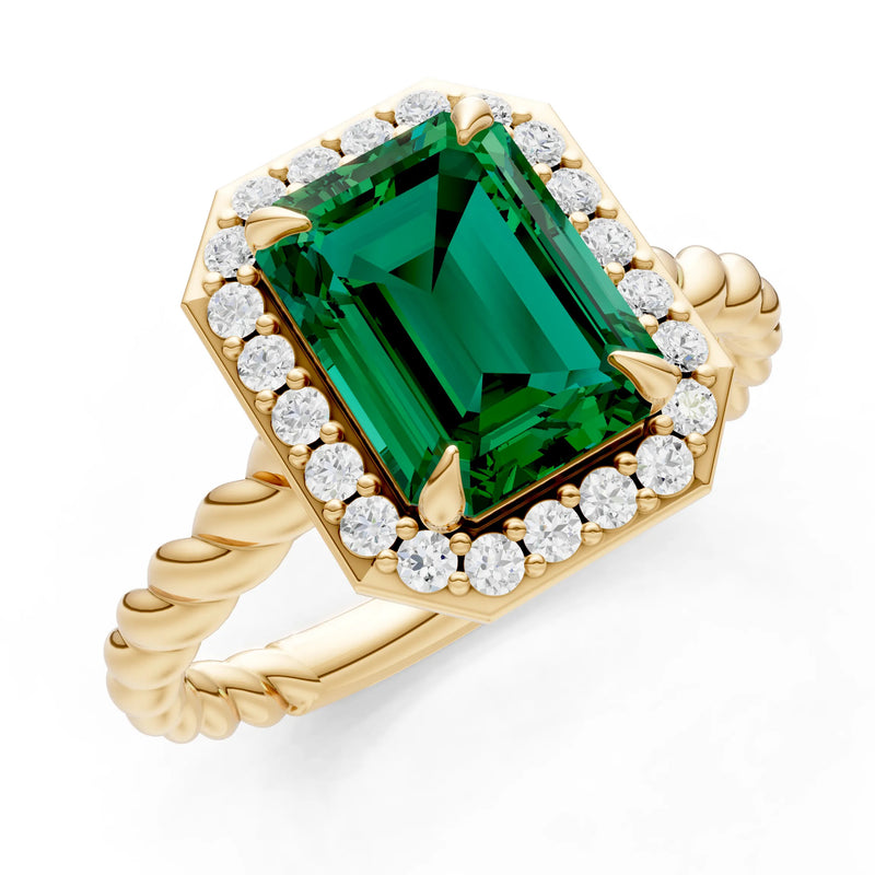 Emerald Twisted Vine Emerald Cut Solitaire Halo Ring