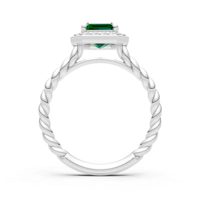 Emerald Twisted Vine Emerald Cut Solitaire Halo Ring