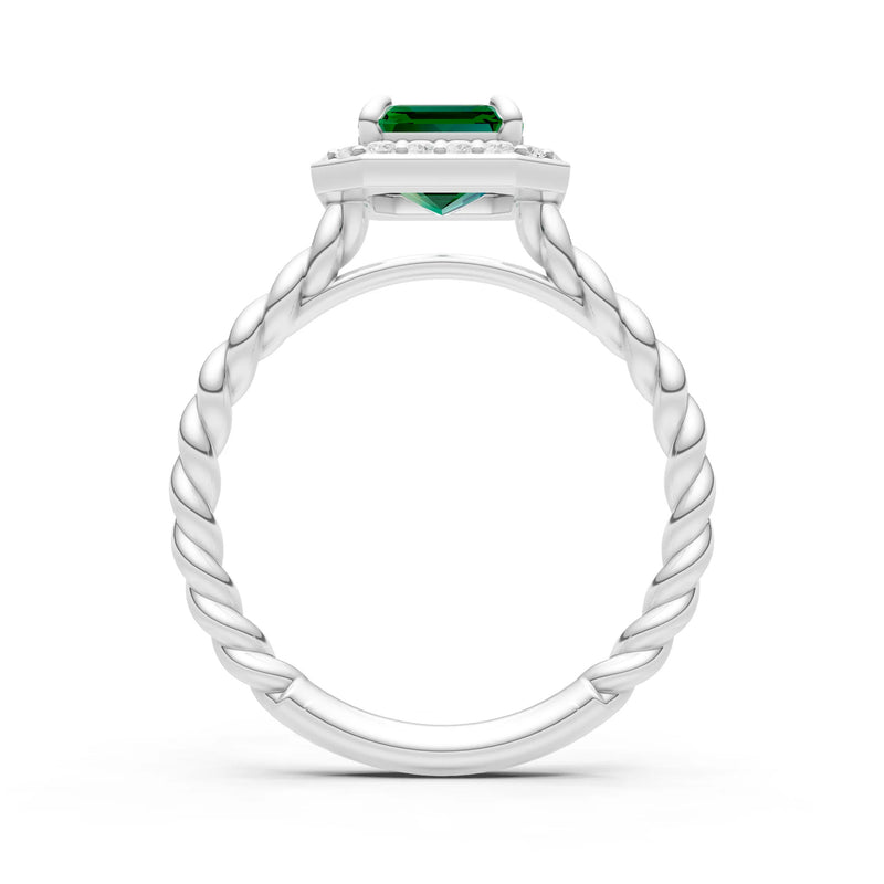 Emerald Twisted Vine Emerald Cut Solitaire Halo Ring