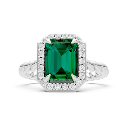 Emerald Twisted Vine Emerald Cut Solitaire Halo Ring