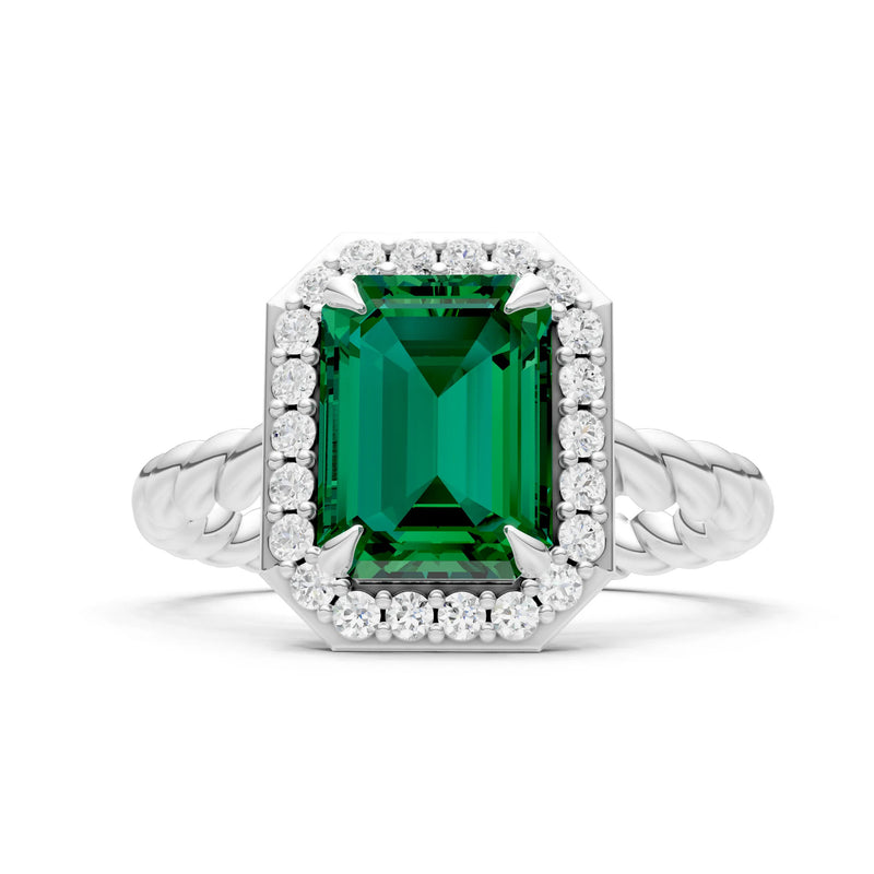 Emerald Twisted Vine Emerald Cut Solitaire Halo Ring