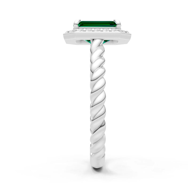 Emerald Twisted Vine Emerald Cut Solitaire Halo Ring