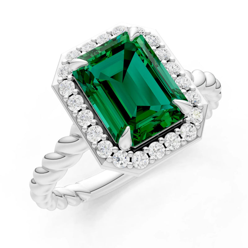 Emerald Twisted Vine Emerald Cut Solitaire Halo Ring