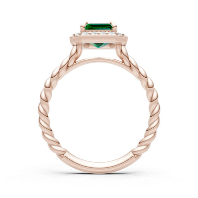 Emerald Twisted Vine Emerald Cut Solitaire Halo Ring