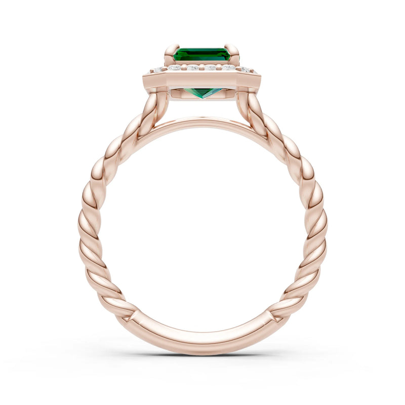 Emerald Twisted Vine Emerald Cut Solitaire Halo Ring