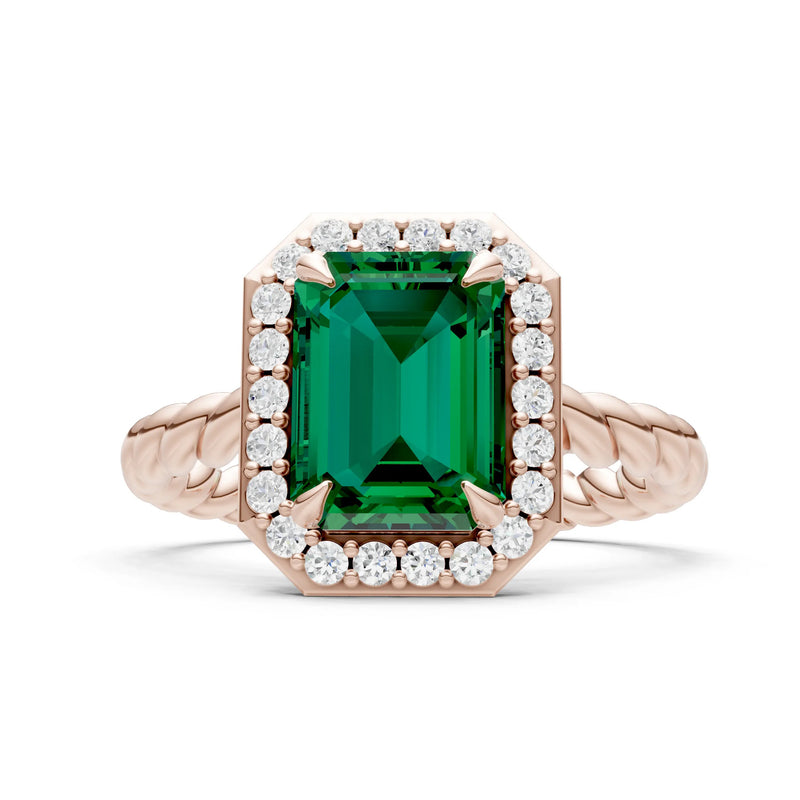 Emerald Twisted Vine Emerald Cut Solitaire Halo Ring