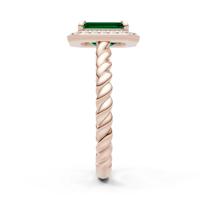 Emerald Twisted Vine Emerald Cut Solitaire Halo Ring