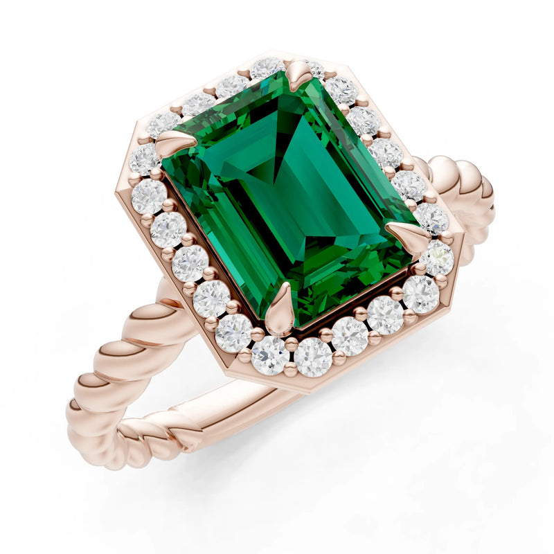 Emerald Twisted Vine Emerald Cut Solitaire Halo Ring