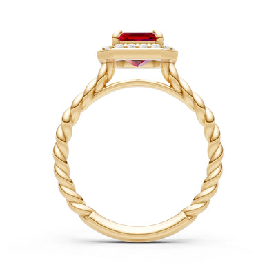 Ruby Twisted Vine Emerald Cut Solitaire Halo Ring