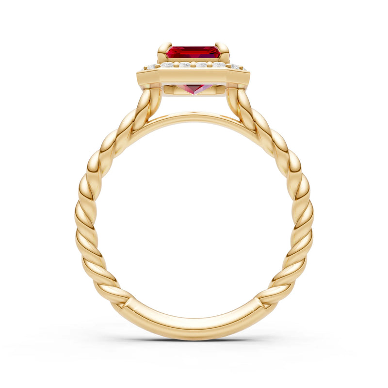 Ruby Twisted Vine Emerald Cut Solitaire Halo Ring