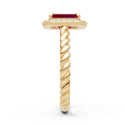 Ruby Twisted Vine Emerald Cut Solitaire Halo Ring
