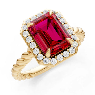 Ruby Twisted Vine Emerald Cut Solitaire Halo Ring