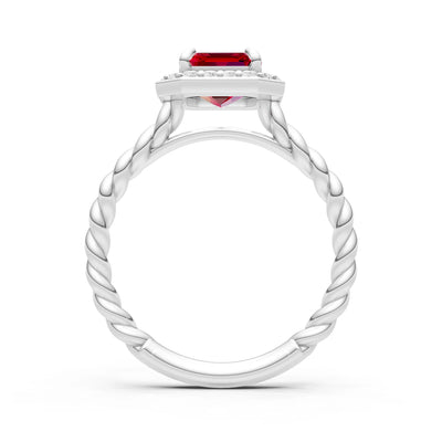 Ruby Twisted Vine Emerald Cut Solitaire Halo Ring