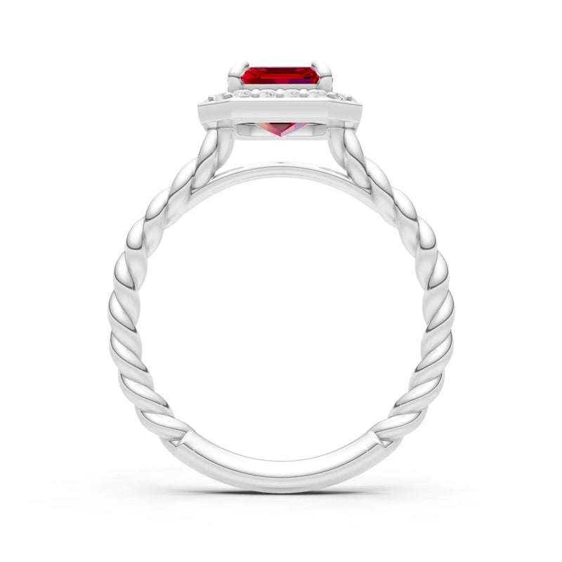 Ruby Twisted Vine Emerald Cut Solitaire Halo Ring