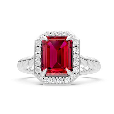 Ruby Twisted Vine Emerald Cut Solitaire Halo Ring