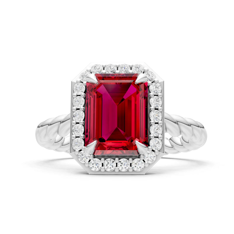 Ruby Twisted Vine Emerald Cut Solitaire Halo Ring