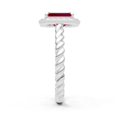 Ruby Twisted Vine Emerald Cut Solitaire Halo Ring