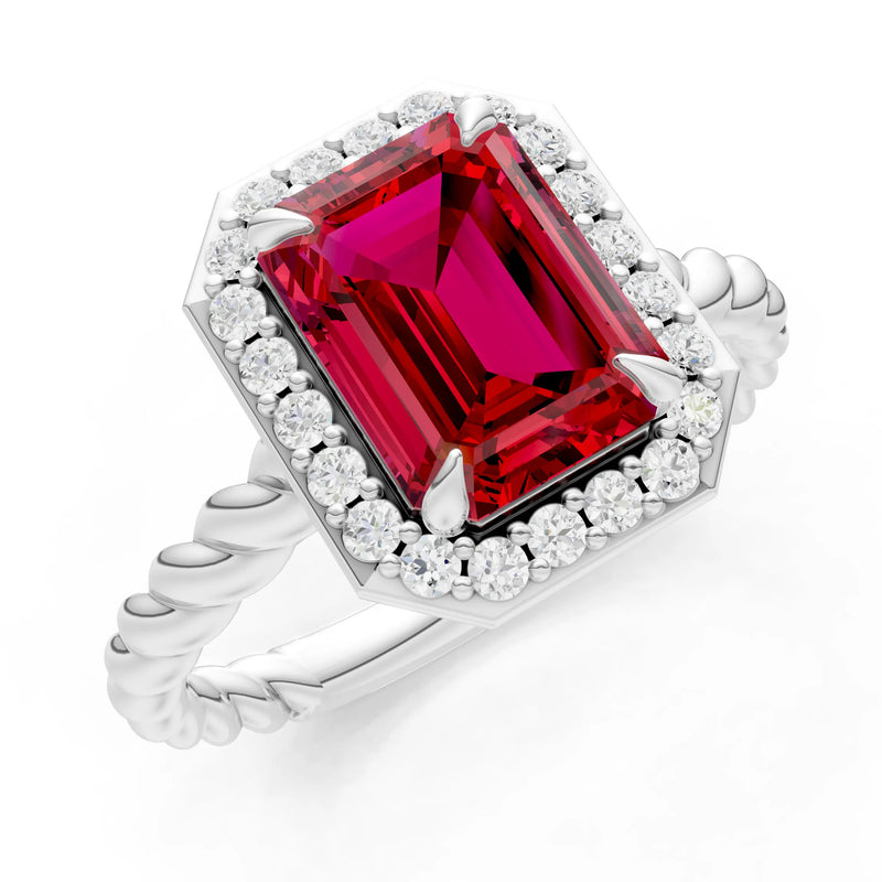 Ruby Twisted Vine Emerald Cut Solitaire Halo Ring