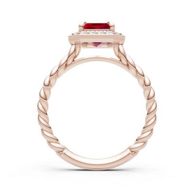 Ruby Twisted Vine Emerald Cut Solitaire Halo Ring