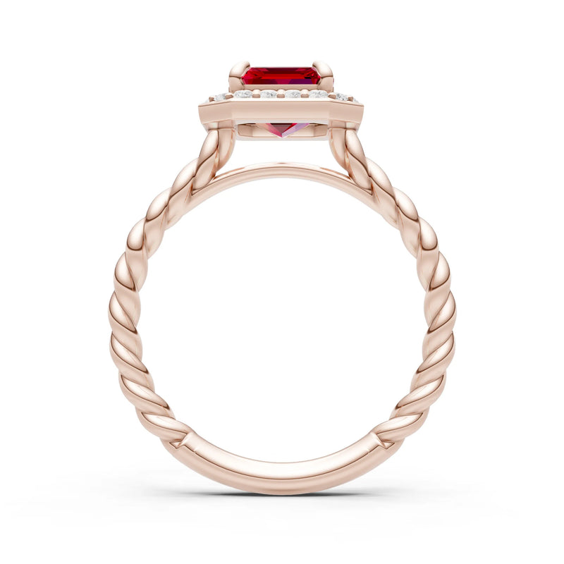 Ruby Twisted Vine Emerald Cut Solitaire Halo Ring