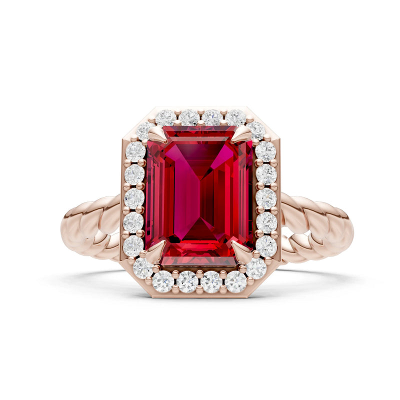 Ruby Twisted Vine Emerald Cut Solitaire Halo Ring
