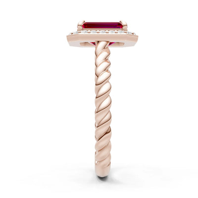 Ruby Twisted Vine Emerald Cut Solitaire Halo Ring