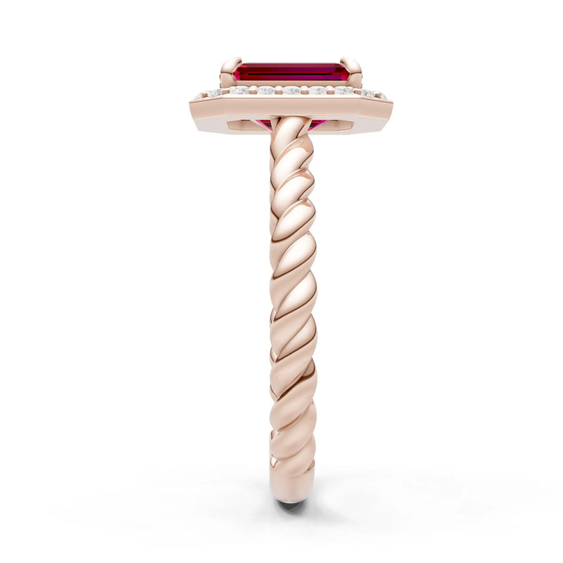 Ruby Twisted Vine Emerald Cut Solitaire Halo Ring