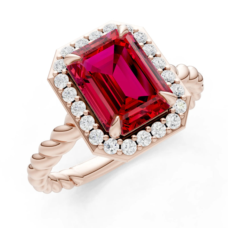 Ruby Twisted Vine Emerald Cut Solitaire Halo Ring