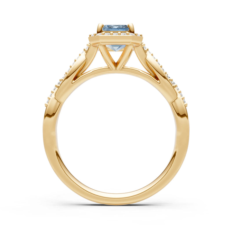 Aquamarine Twisted Vine Solitaire Emerald Cut Halo Ring with Accent