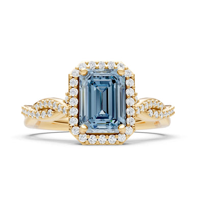 Aquamarine Twisted Vine Solitaire Emerald Cut Halo Ring with Accent