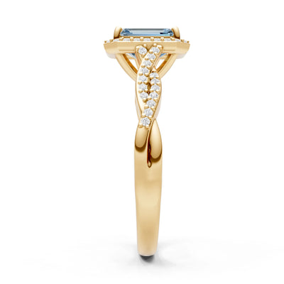 Aquamarine Twisted Vine Solitaire Emerald Cut Halo Ring with Accent