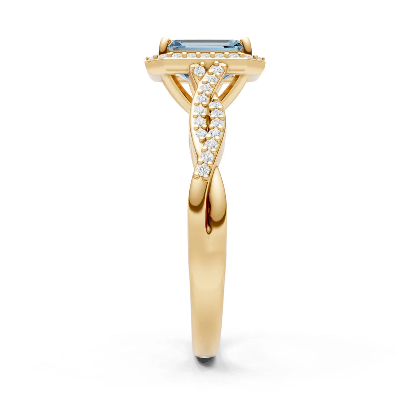 Aquamarine Twisted Vine Solitaire Emerald Cut Halo Ring with Accent
