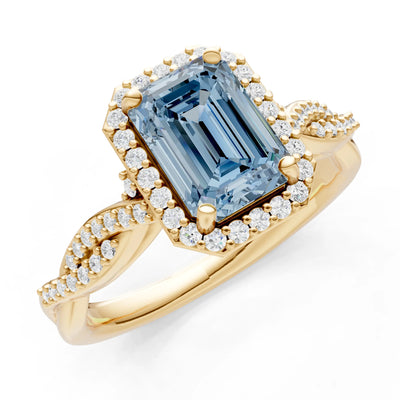 Aquamarine Twisted Vine Solitaire Emerald Cut Halo Ring with Accent