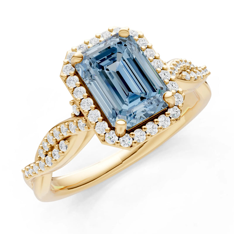 Aquamarine Twisted Vine Solitaire Emerald Cut Halo Ring with Accent